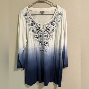 JM Collection White Blue Ombré Embroidered Top Size L